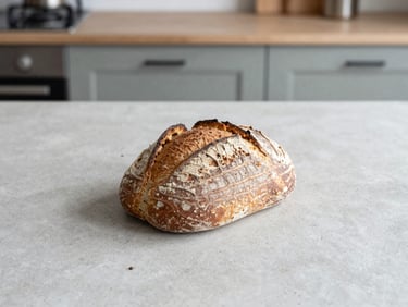 Overhead minimalist food photography of a single raw sourdough loaf on a light concrete surface, soft natural daylight, scandinavian kitchen background