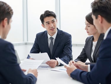 Professional business interaction in a bright meeting room, discussing financial documents, bright natural office light, deep navy and slate tones, sharp focus, 35mm architectural lens