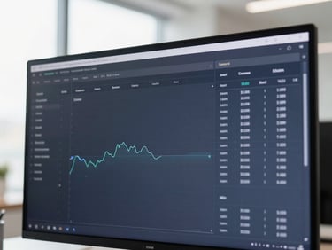 Modern corporate office environment, close-up of financial data on a clean screen, bright natural office light, deep navy and slate tones, sharp focus, 35mm architectural lens