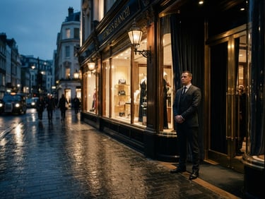 Cinematic, wide-angle shot of a high-end Mayfair retail storefront at dusk, golden streetlights reflecting off wet pavement, a discreet security officer in a tailored dark suit standing near the entrance, low-key dramatic lighting.