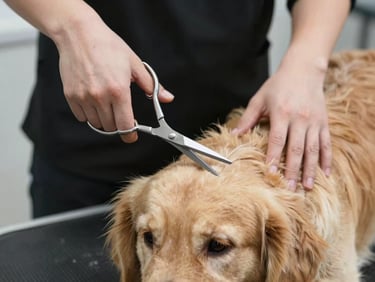 Professional groomer's hands using precise scissors on a beautifully styled Golden Retriever, soft focus