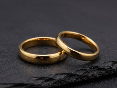 Macro shot of gold ring mounts lined up on a dark slate surface, sharp focus on prong details, dramatic studio lighting