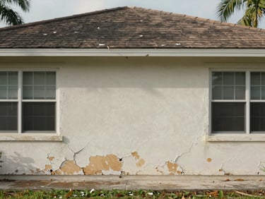Before photo of a Florida residential exterior with deteriorating original stucco, visible cracking and discoloration along the facade, natural daylight, no people, documentary framing
