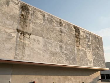 Before photo of a commercial building exterior in Tampa Bay with faded and damaged EIFS cladding, visible moisture staining and impact damage on the facade panels, natural daylight, no people