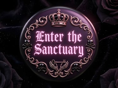 Gothic Enter the Sanctuary sign with a rose gold crown and skulls on dark velvet roses.