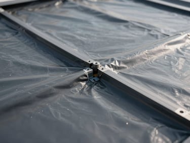 Close-up of a perfectly sealed industrial roof joint with dark gray polyurethane membrane, clean edges, technical precision