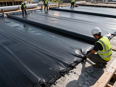 Commercial facility roof under construction, workers in safety gear applying Toxement asphalt membranes