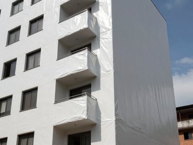 Residential building terrace in Medellín, newly applied white elastomeric membrane reflecting bright daylight