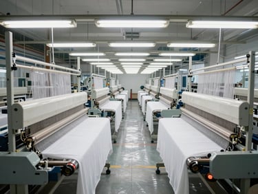 Straight-on architectural shot of a clean, brightly lit textile manufacturing facility in Vijayawada, rows of modern high-volume weaving looms processing white clinical fabric under sterile white light.