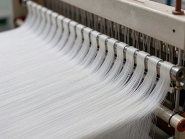Macro shot of high-density white cotton weave on an industrial loom, bright clinical lighting highlighting the precise thread-level integrity.