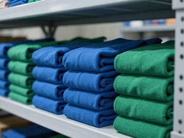 Neatly stacked bolts of clinical-grade blue and green OT fabrics on clean industrial shelving in a sterile Vijayawada warehouse.