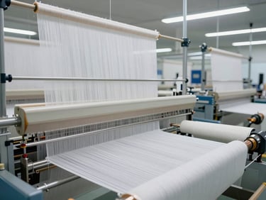High-volume industrial weaving looms operating in a clean, modern textile manufacturing plant, bright clinical white light, focus on the dense thread-level integrity of the fabric.