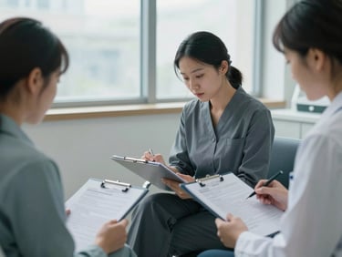 Medium environmental shot of a clinic waiting room, two people seated reviewing printed forms on clipboards, diffused natural light through frosted windows, calm and unhurried atmosphere, cool tones