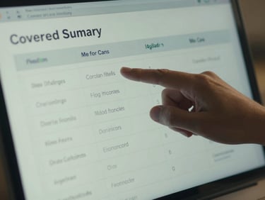 Close-up of a screen displaying a coverage summary document with clearly labeled sections, a person's hand scrolling, natural side light, cool clean tones, no marketing graphics visible