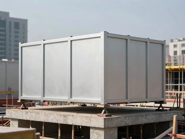 Modular building panels being craned onto concrete foundation at an urban construction site, daylight, structural connections visible, no workers in foreground