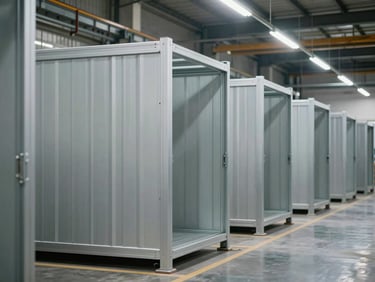 Modular housing units in factory assembly line, steel frames aligned in rows under industrial lighting, precise geometric repetition visible from mid-distance