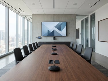 Modern meeting room with sleek commercial-grade display and tabletop microphone pucks, cool office daylight, straight-on technical shot, high depth of field, no people