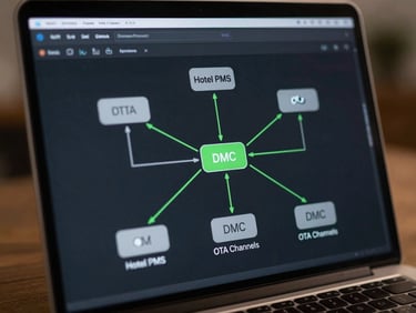 Close-up of a laptop screen showing an API integration diagram with connected nodes representing hotel PMS, OTA channels, and DMC systems, green connection lines on a dark UI background, studio lighting, sharp technical detail