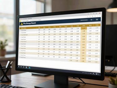 Wide shot of a booking management dashboard on a desktop monitor showing group room allocation tables, occupancy rules, and pilgrimage-compliance status columns with gold accent highlights, natural daylight from a window, hotel operations office setting
