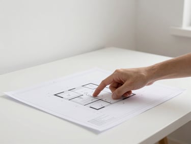 Architectural drawing on a clean white desk, with a hand pointing to a detail, representing planning and expertise, natural light, minimalist setting.