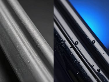 Extreme close-up of car plastic trim, split screen before and after, left side faded grey dusty plastic, right side deep glossy black restored plastic, water beading, sharp studio lighting, 50mm