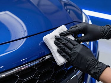 Hands in black nitrile gloves applying restorative liquid to a car bumper with a microfiber block, glossy finish