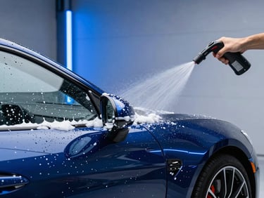 A person spraying thick white foam on a dark blue sports car in a clean modern garage, neon blue light reflections