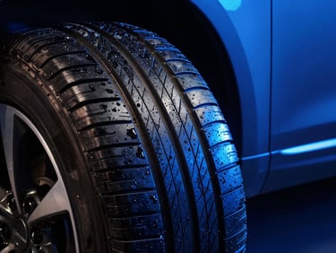 Close-up of a clean car tire, half wet look deep black shine, half dusty brown rubber, dramatic blue neon backlighting, high contrast, 50mm