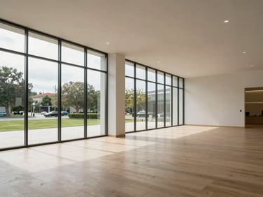 Wide angle interior of an empty retail space with large glass windows, natural daylight, crisp architectural photography.