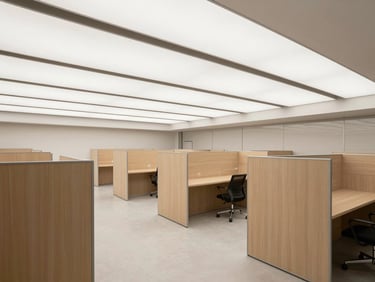 Interior shot of a versatile commercial space with partitioned areas, crisp architectural photography, bright overcast daylight.