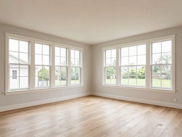 Wide-angle interior shot of a bright, clean living room with large windows, natural daylight, neutral tones, crisp architectural details