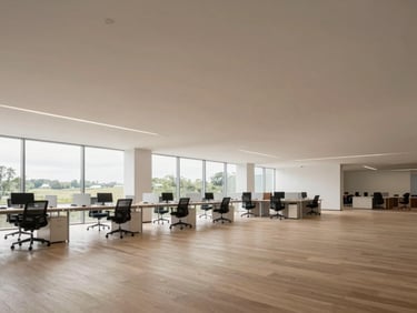 Crisp architectural interior of an open-plan office space, well-lit, natural daylight.