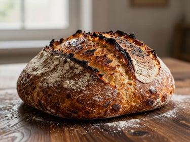 Macro shot of a deeply caramelized, blistered sourdough crust with a dusting of flour on a dark wooden table, warm low-angle morning light, 35mm