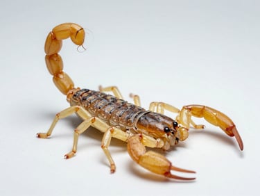 Clinical macro studio photography of a yellow scorpion isolated against a sterile white background, sharp focus, high-contrast scientific lighting.