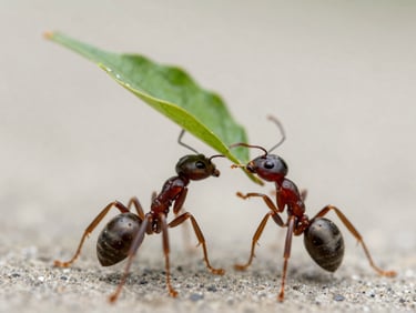 Macro photograph of leafcutter ants carrying green leaves, isolated on a sterile neutral background, sharp focus, clinical lighting.