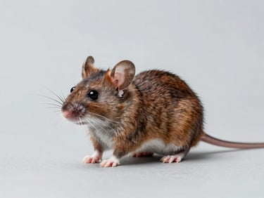 Clinical studio photograph of a small field mouse isolated on a solid light gray background, clean composition, high-contrast lighting.