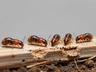 High-definition macro shot of subterranean termites feeding on structural wood, sterile clinical lighting, neutral gray background.