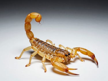 Clinical macro photograph of a yellow scorpion isolated against a sterile white background, high-contrast studio lighting, sharp focus on the stinger.
