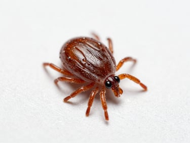 Clinical macro photograph of a tick on a sterile white surface, sharp focus, bright high-contrast studio lighting.