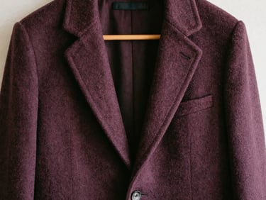 Close-up of a tailored wool coat on a hanger, showing the texture of the fabric and precise stitching, soft diffused daylight