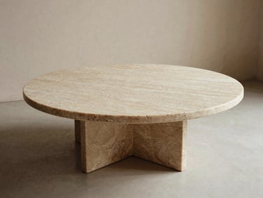 Antique travertine coffee table with a sculptural base, soft diffused daylight, minimalist European interior, warm tones