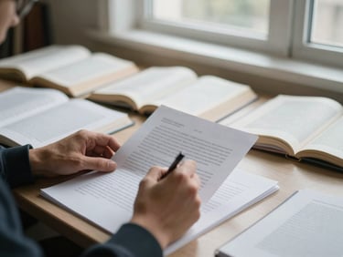 Close-up of a scholar's hands highlighting text on a research paper during an intensive writing bootcamp, surrounded by open academic books, soft window light, muted scholarly tones, shallow depth of field, 35mm.