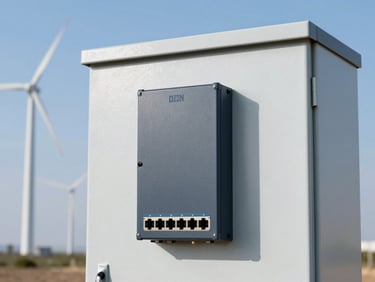 DIN-rail mounted industrial network switches inside a clean outdoor electrical cabinet, wind turbines in the background under daylight