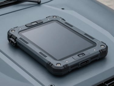 A rugged military-grade tablet sitting on a tactical vehicle dashboard, sharp details of rubberized bumpers and heavy-duty ports