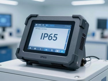Sharp macro shot of a rugged IP65 touchscreen panel PC on a bright automated automotive assembly line, cool blue lighting