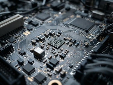 Macro close-up of a complex circuit board, cool laboratory light, high-contrast metallic and slate tones, shallow depth of field