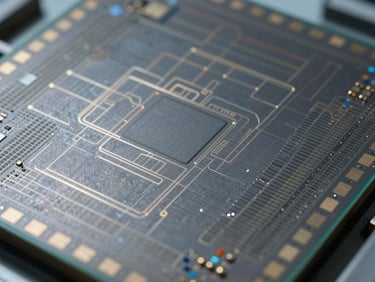 Technical system schematic of an integrated circuit overlaid on a physical silicon wafer, high contrast, sharp industrial look