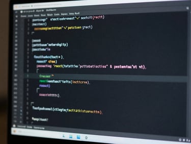 Macro close-up of a high-resolution monitor displaying clean, structured React code, cool-toned ambient lighting, sharp contrast.