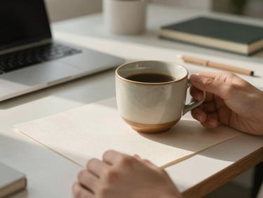 Close-up of hands holding a warm ceramic cup over high-quality textured paper documents on a calm office desk, soft diffused morning light, elegant and peaceful atmosphere.