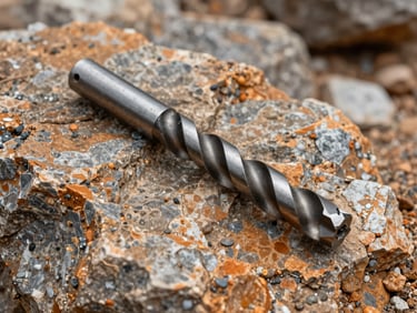 Close-up of a steel drill bit and core sample resting on raw geological rock surface at a borehole site, ochre and grey mineral layers visible, overcast daylight, no people